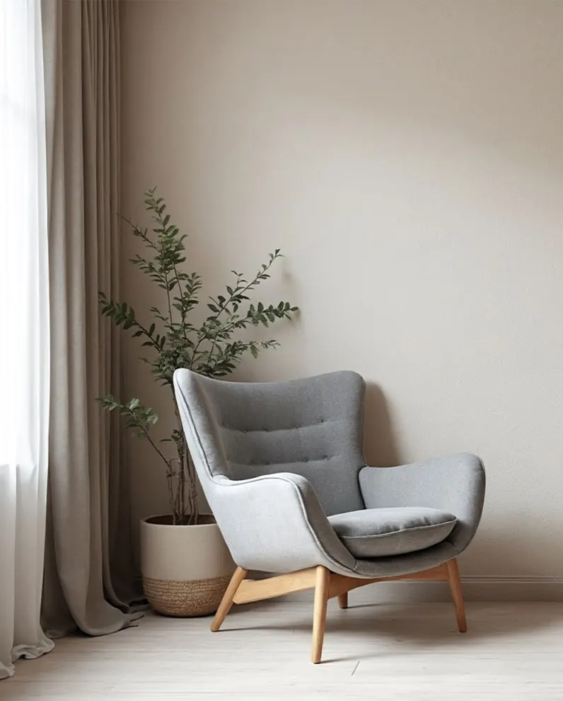 Mur lisse et fauteuil gris dans un intérieur épuré